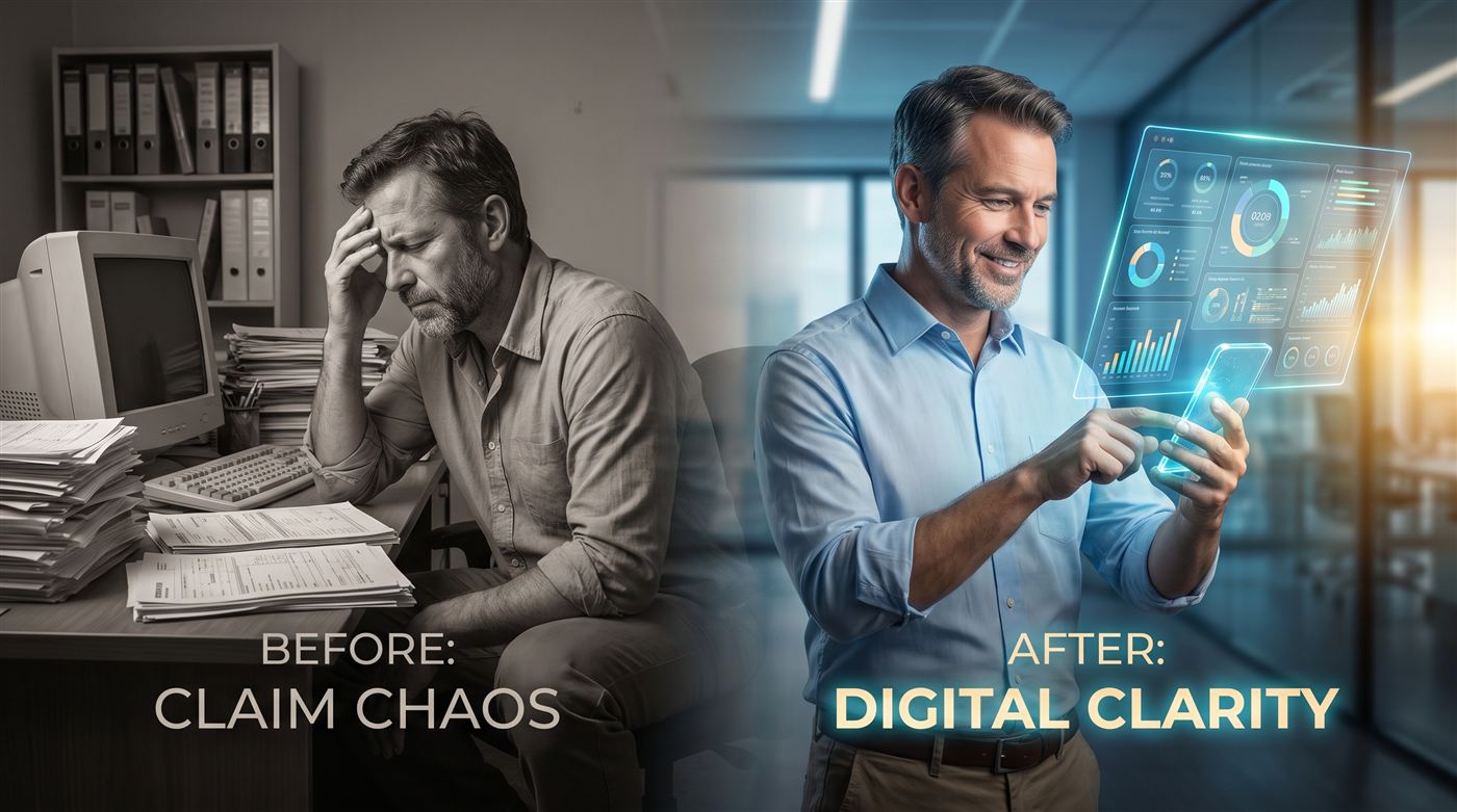 Before and after: overwhelmed paperwork versus a calm contractor using ClaimsGap
